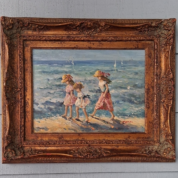 Framed Beach Scene Painting